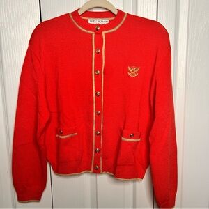Vintage St John Collection by Marie Gray Knit Red‎ Orange Cardigan Gold Button S